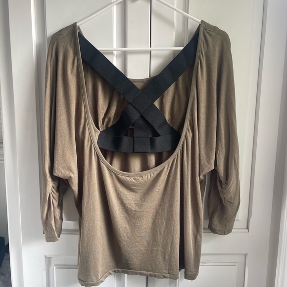 Elizabeth and James Olive/khaki and Black cross back top with ruched sleeves. - Picture 2 of 16